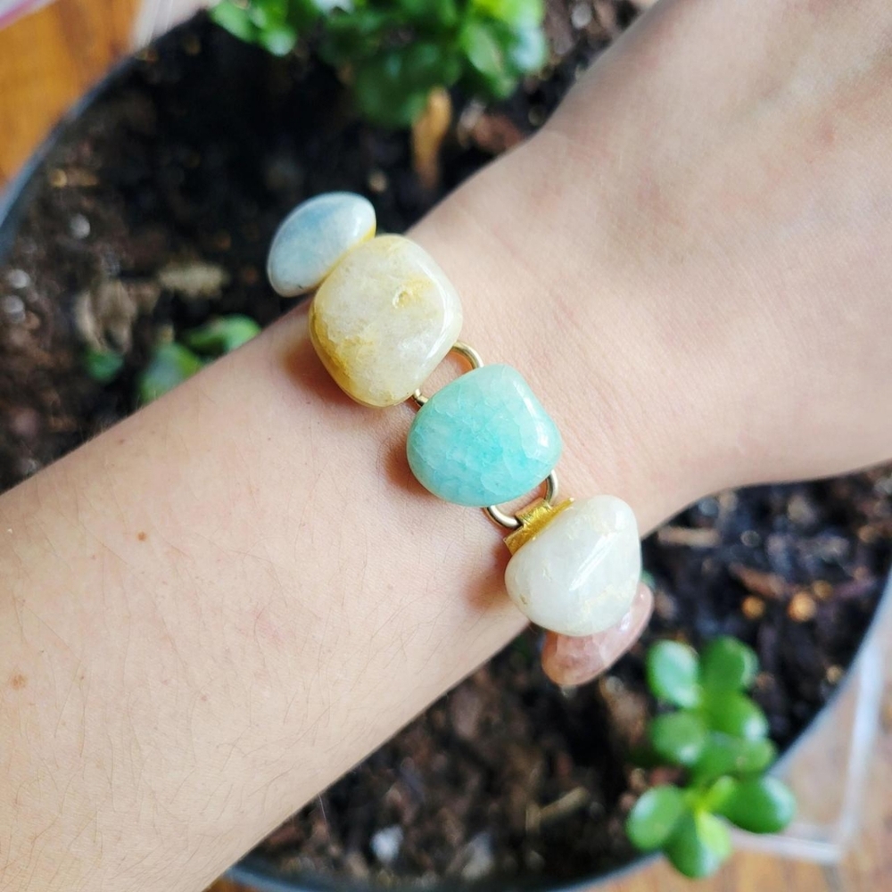 Vintage Gold Rainbow Gemstone Chain Dangle Bracelet
